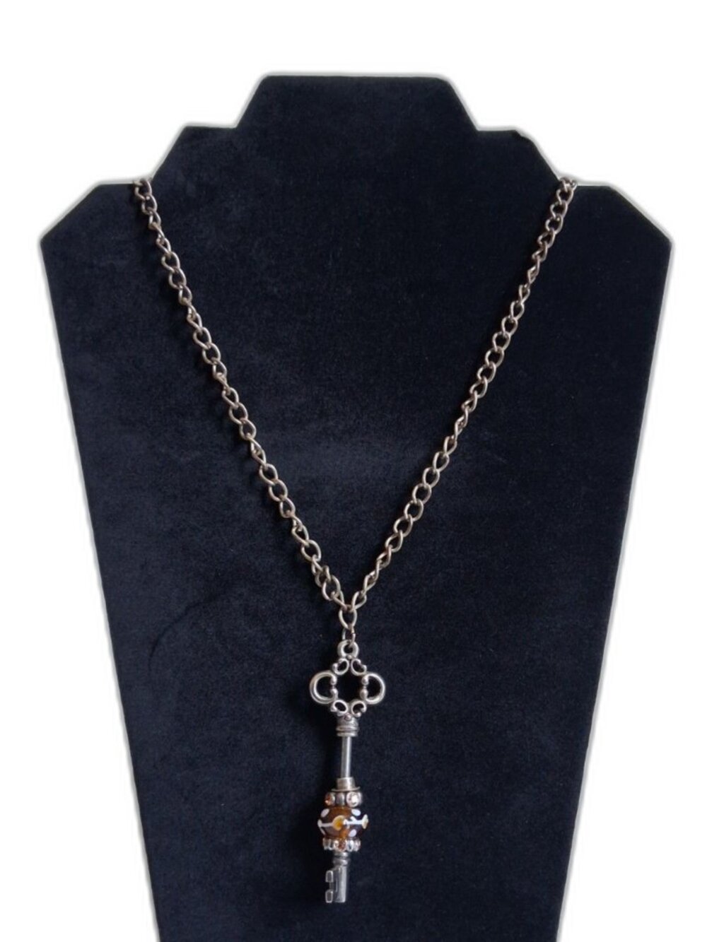 Silver Toned Embellished Beaded Key Pendant Long Length Single Strand Necklace
